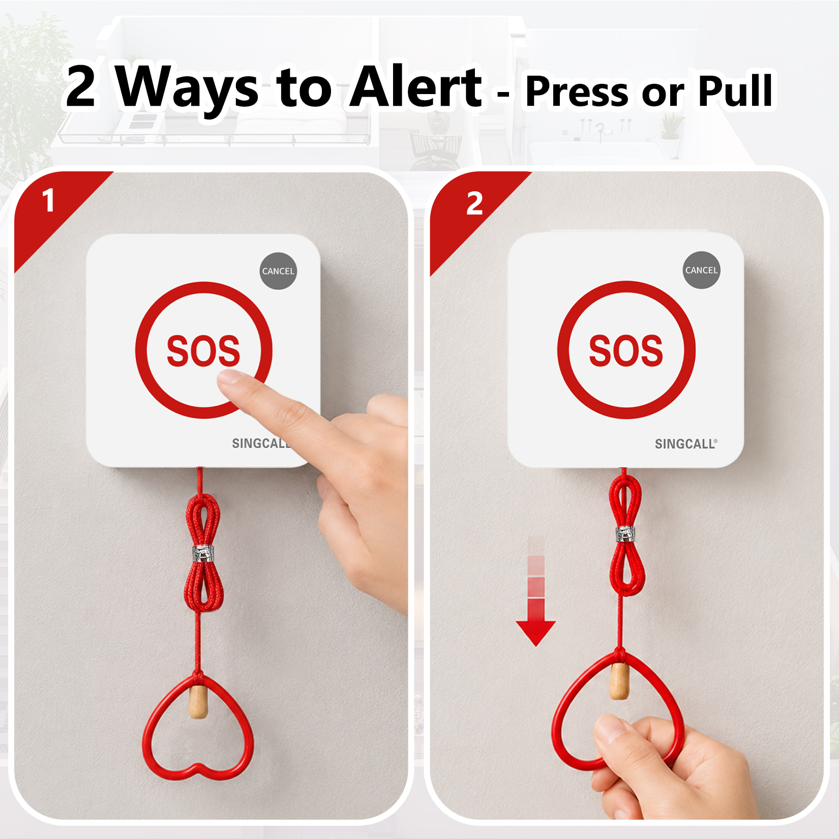 SINGCALL Emergency Strobe Siren Waterproof Pull Cord Panic Alarm System Safety Call Button for Home Factory Hospital Shop Caregiver Alert Pager for Seniors Disabled Patient 2 SOS Call Buttons